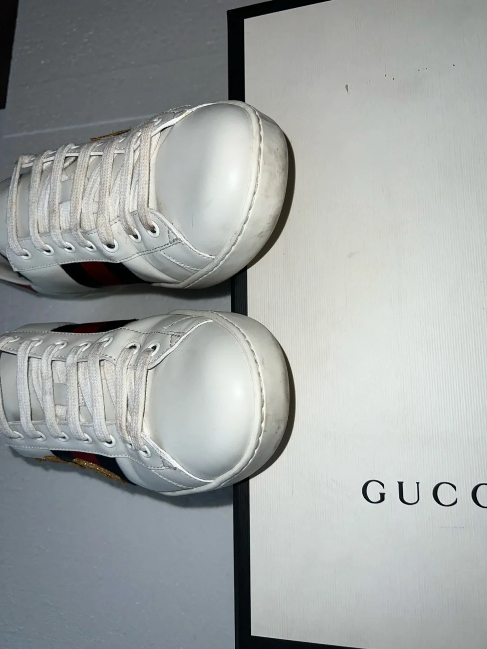Gucci White Leather 'LOVED' Embroidered Sneakers with Red & Blue Web